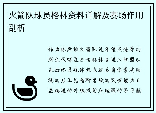 火箭队球员格林资料详解及赛场作用剖析