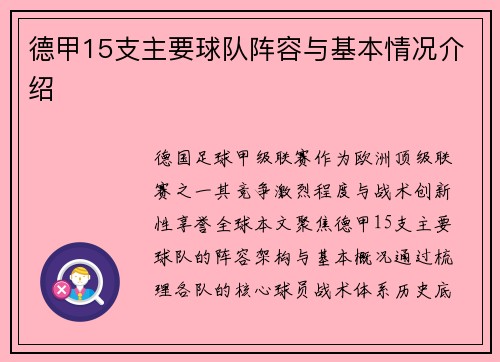 德甲15支主要球队阵容与基本情况介绍