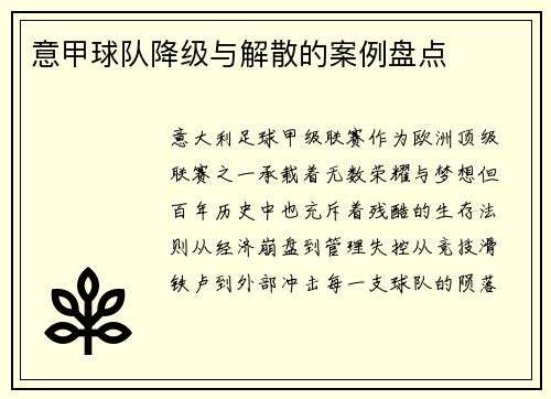意甲球队降级与解散的案例盘点